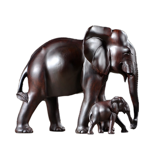 黑檀实木雕刻母子象摆件木头仿古小象吉祥大象家居酒柜红木工艺品