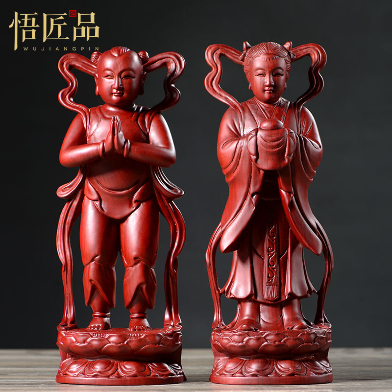 木雕善财童子龙女佛像观音佛像供奉家用金童玉女摆件红木工艺品