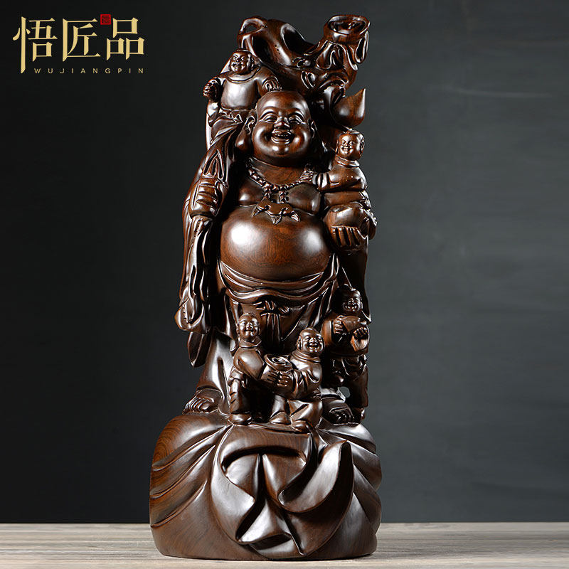 黑檀木雕五子弥勒佛像摆件多子多福五子登科乔迁红木雕刻工艺礼品