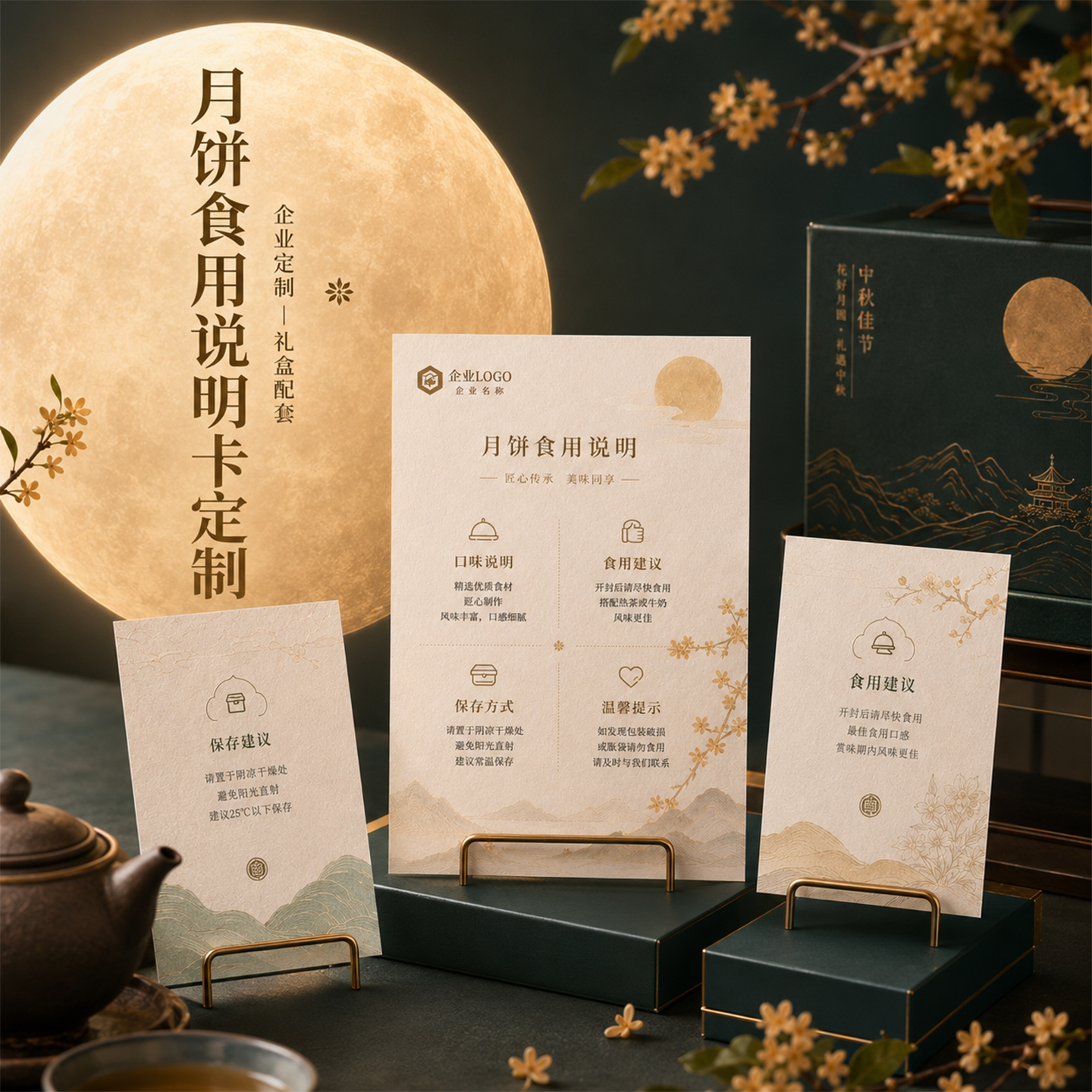 月饼礼盒说明卡定制中秋糕点蛋黄酥食用方法冷藏保存保质期限温馨提示卡设计新中式企业月饼礼盒说明卡定做