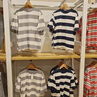 日系男女情侣装夏季宽松条纹短袖T恤多彩条纹廓形五分袖Y457930