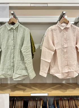 日单女装2025新款法国麻衬衫格纹长袖衬衣上衣空调衫薄外套477556