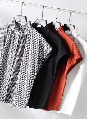 日单女装25夏季麻混纺格纹荷叶边衬衫/短袖衬衣上衣475720/477682