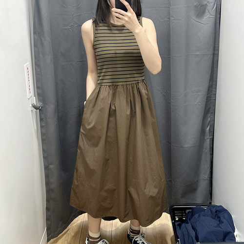 女装拼接收腰连衣裙/无袖裙子