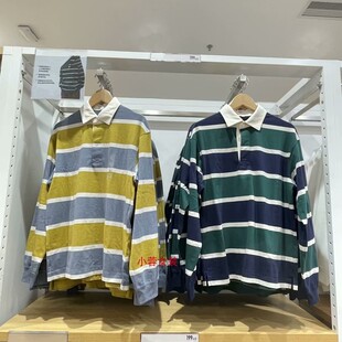 日单男女情侣休闲POLO衫 宽松条纹T恤学院风翻领上衣C462024 长袖