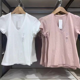 女装2026春夏新款竹节纱V领T恤短袖棉白T上衣打底衫483460/483576