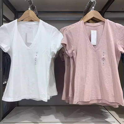 竹节纱V领T恤短袖上衣打底衫