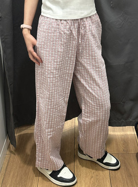 日系女装2026春夏新款泡泡纱松紧长裤/休闲裤格子裤直筒裤C484604