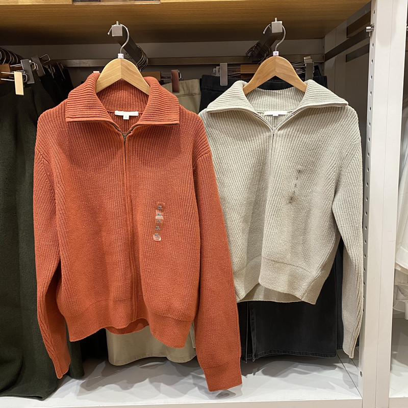 日单女装2025春新款拉链针织开衫长袖休闲短款毛衣毛衫外套476318