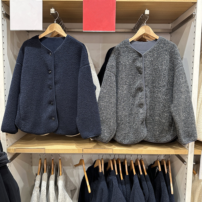 仿羊羔绒摇粒绒圆领开衫夹克