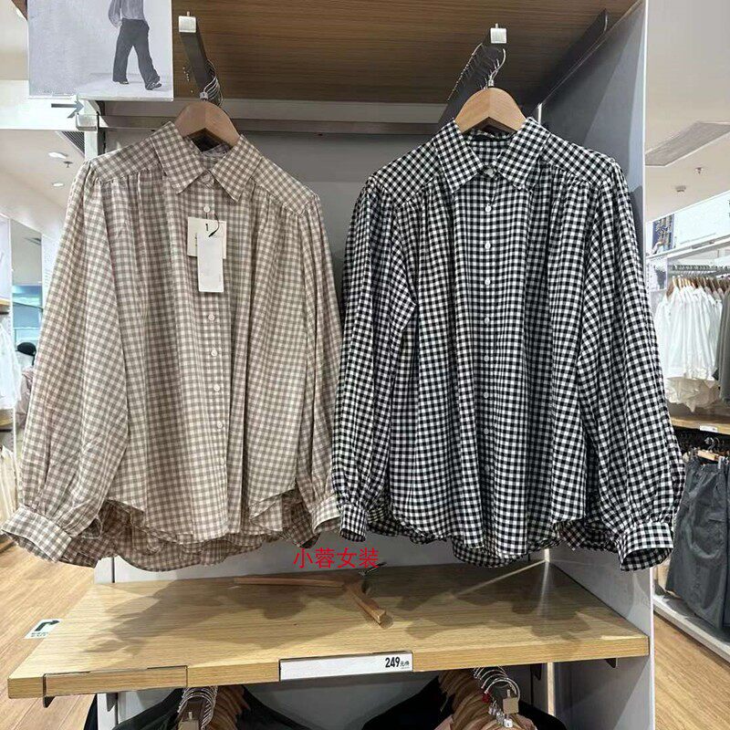 小蓉女装2024春夏新款薄型宽松格纹长袖打褶衬衫灯笼袖衬衣468794