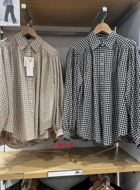 小蓉女装2024春夏新款薄型宽松格纹长袖打褶衬衫灯笼袖衬衣468794