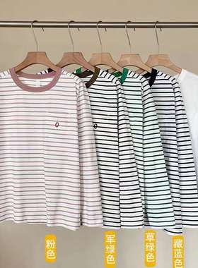 日系男女情侣款速干条纹t恤长袖上衣春秋气质宽松内搭打底衫24358