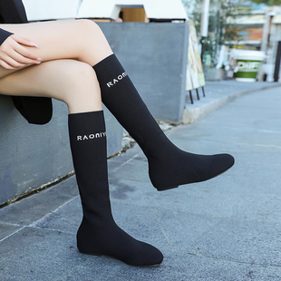 曼三平底针织瘦瘦靴袜靴女春秋季新款弹力低跟靴子飞织长筒靴高筒