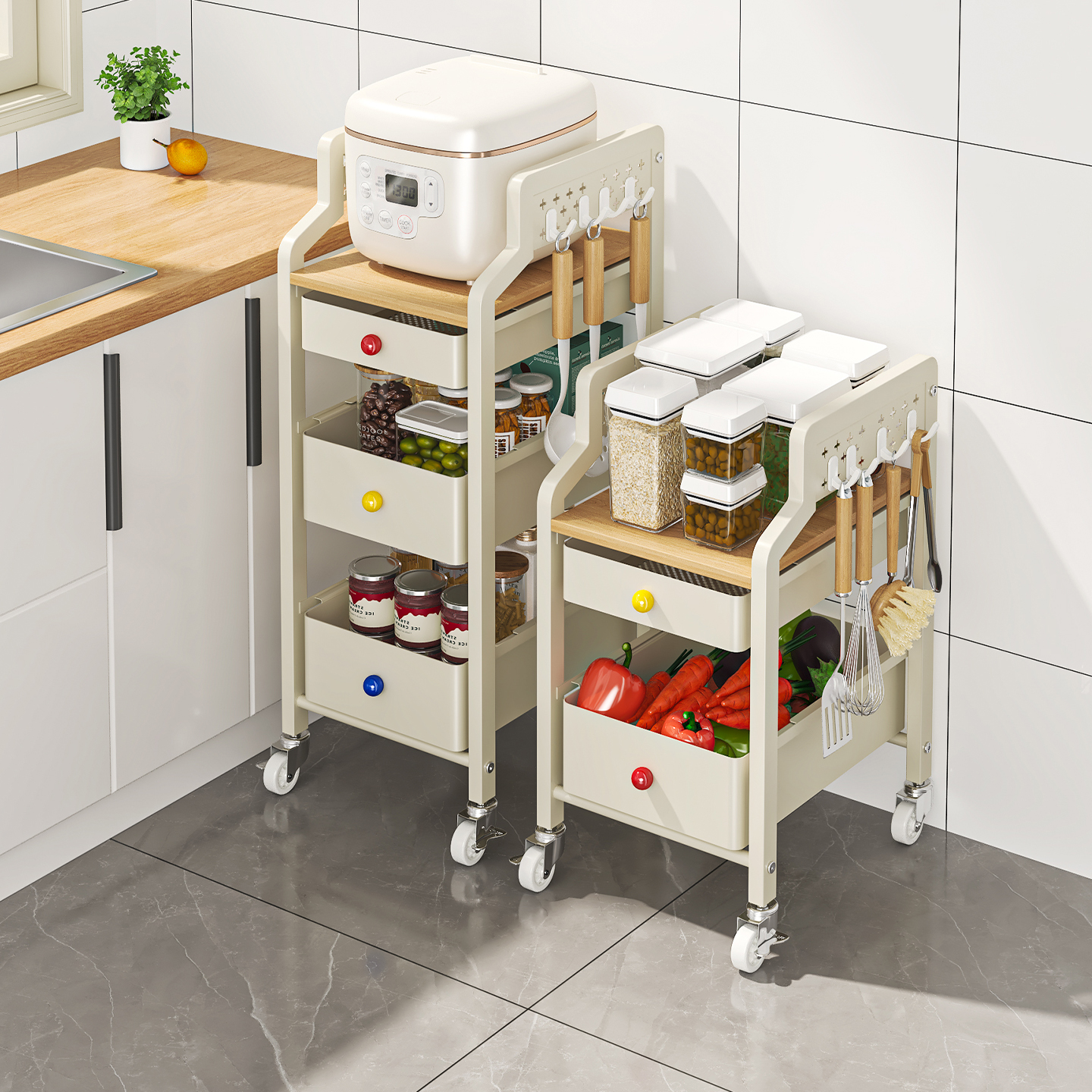 小推车厨房置物架多功能零食蔬菜收纳筐杂物夹缝收纳柜抽拉式落地