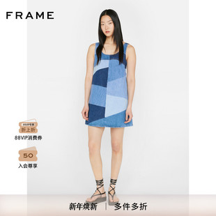 FRAME女士蓝色A字拼接牛仔吊带连衣裙复古时尚 短裙