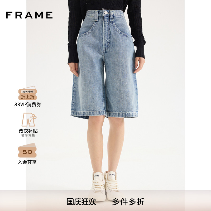 【新款】FRAME女士蓝色牛仔短裤五分裤宽松复古时尚