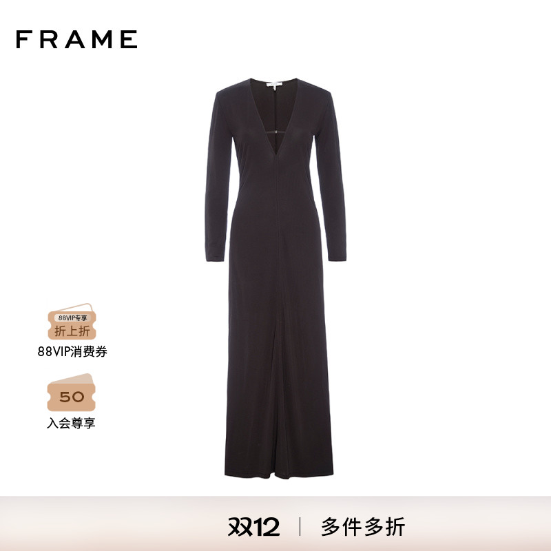FRAME女士棕色深V领长袖连衣裙垂感法式