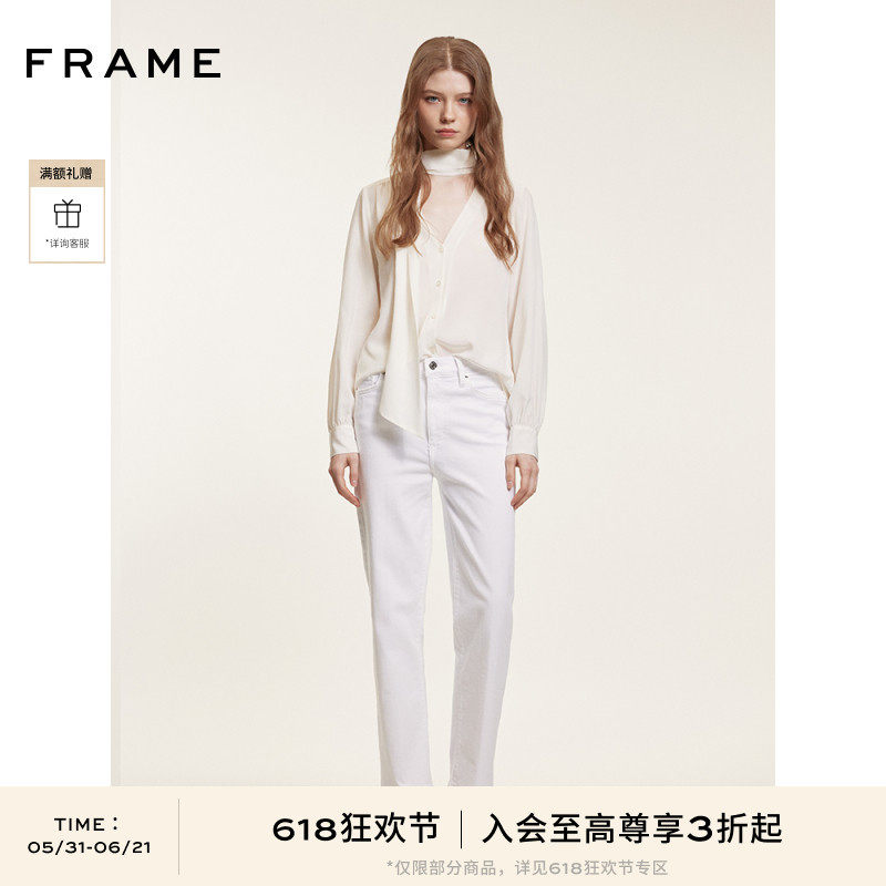 【618抢先购】FRAME女士高腰高弹白色直筒牛仔裤 SLEEK STRAIGHT