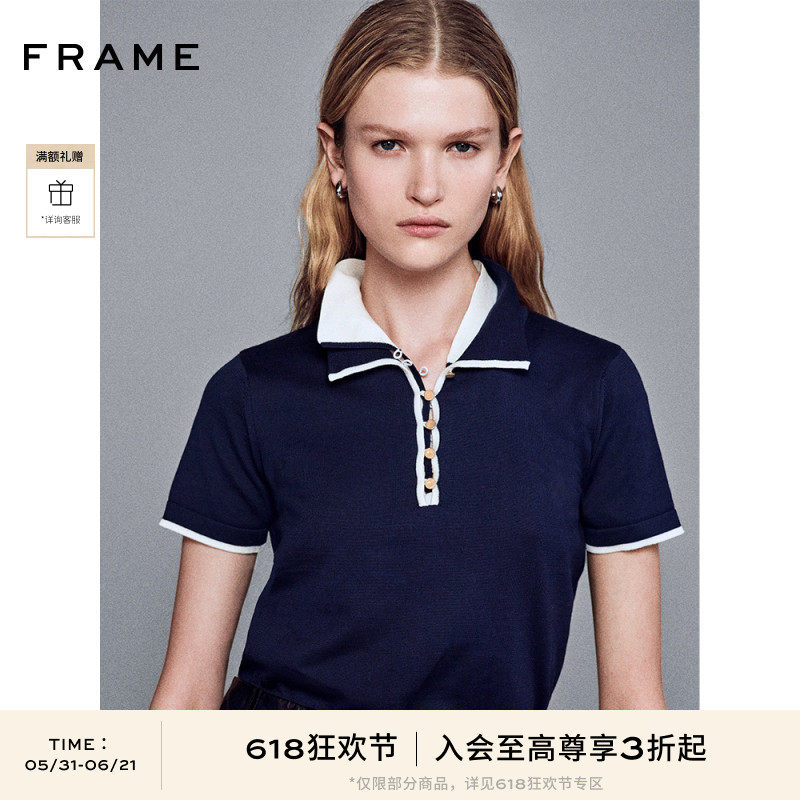 FRAME女士复古纯色翻领镶边POLO衫短袖T恤 新款