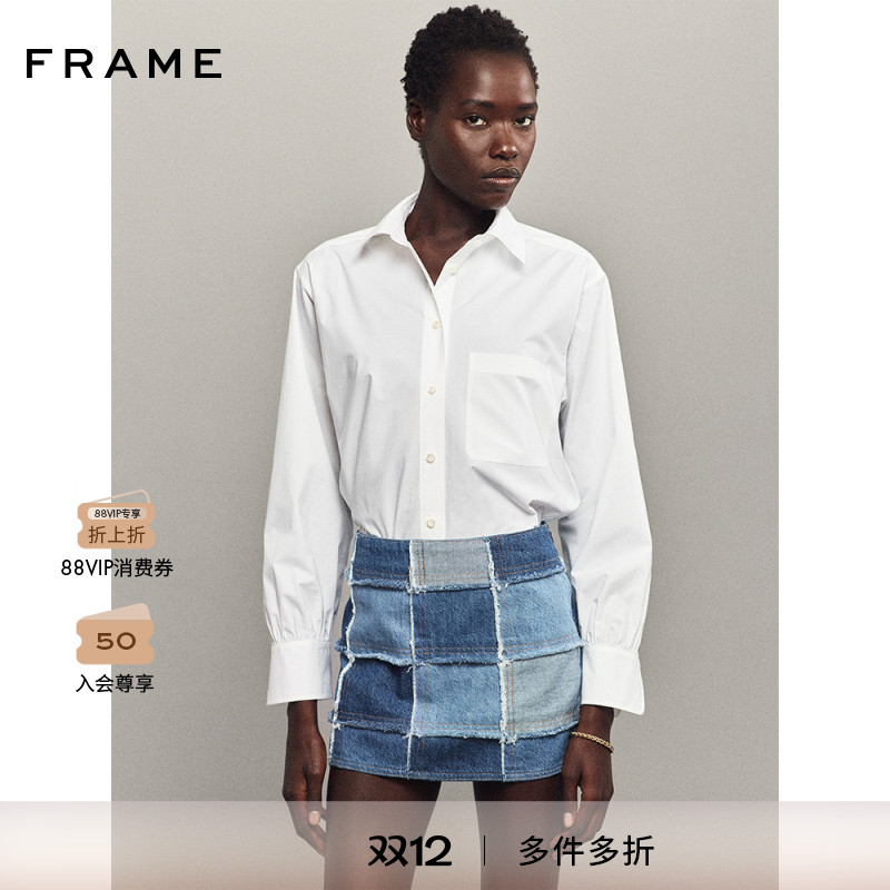 FRAME女士拼接牛仔格半裙短裙做旧复古美式