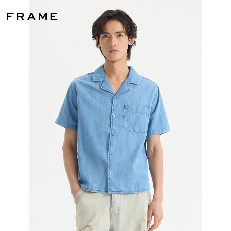 【春新款】FRAME男士短袖中蓝色衬衫翻领复古美式街头
