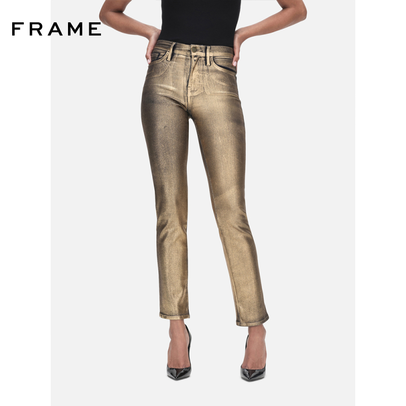 FRAME女士高腰金色涂层直筒牛仔裤HIGH STRAIGHT