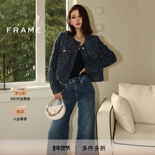 FRAME女士牛仔粗花呢蓝色圆领西装夹克外套短款