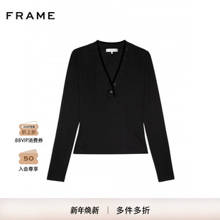 V领修身 FRAME女士纯色通勤长袖 内搭T恤 2025秋冬新款