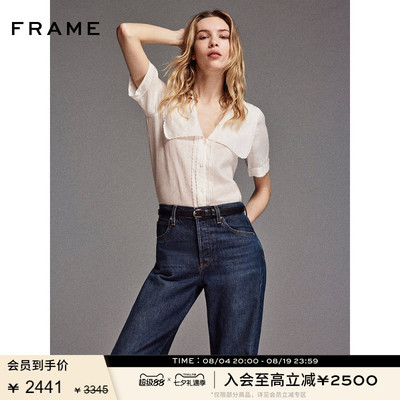 FRAME女士法式娃娃领大翻领荷叶边短袖衬衫