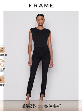 FRAME女士黑色高腰高弹紧身修身牛仔裤不规则裤脚SKINNY