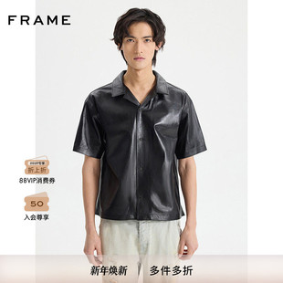 机车时尚 翻领皮衬衫 复古 黑色短袖 FRAME男士