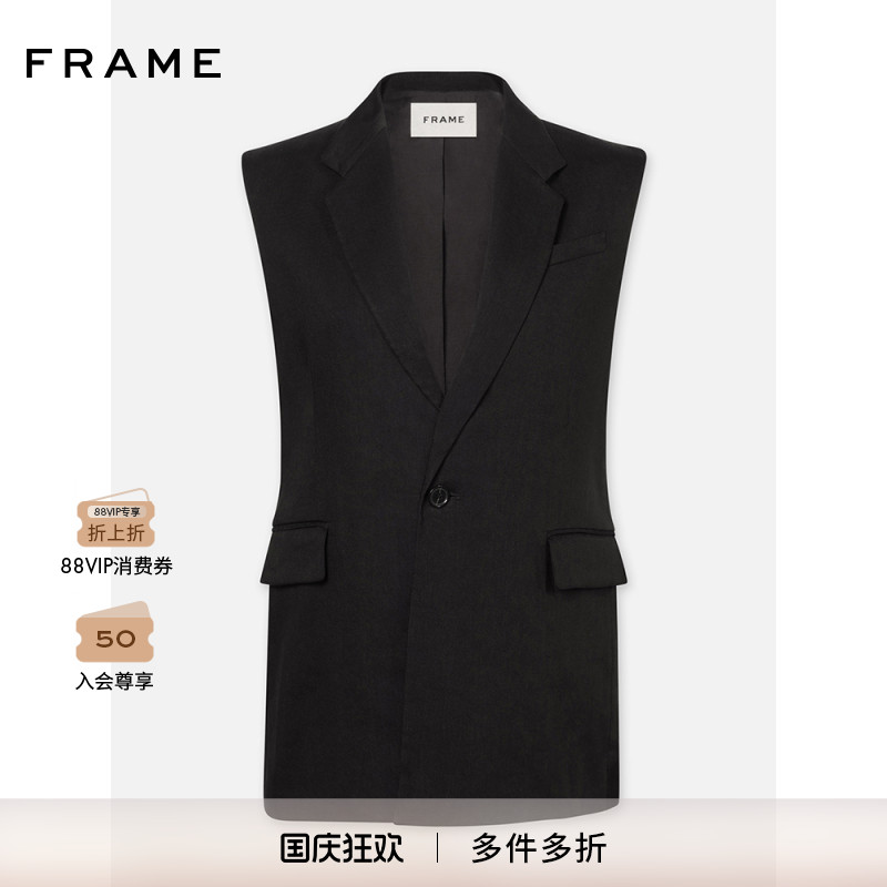 【新款】FRAME女士黑色西装翻领纽扣马甲中长款