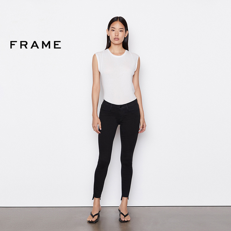 FRAME女士春秋黑白中腰高弹紧身牛仔裤裤脚毛边双色 LE SKINNY