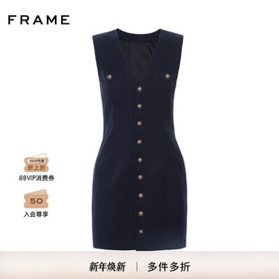 FRAME女士纽扣设计V领无袖 海军蓝连衣裙短裙