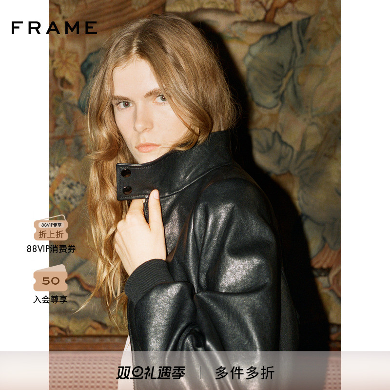 【2025秋季新款】FRAME女士复古宽松立领长袖短款皮夹克外套