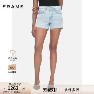 毛边剪裁休闲 FRAME女士浅蓝色高腰牛仔短裤 新款