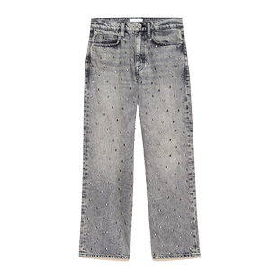 FRAME女士高腰直筒灰色牛仔裤挺括有形仿钻装饰