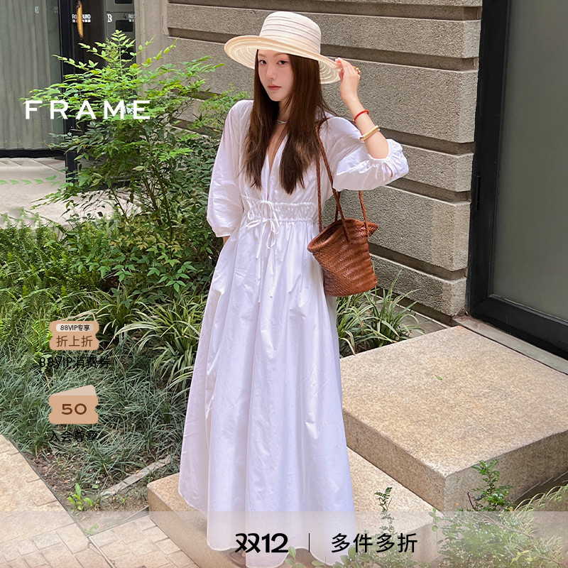 【博主同款】FRAME女士白色V领短袖抽褶收腰长裙度假风连衣裙
