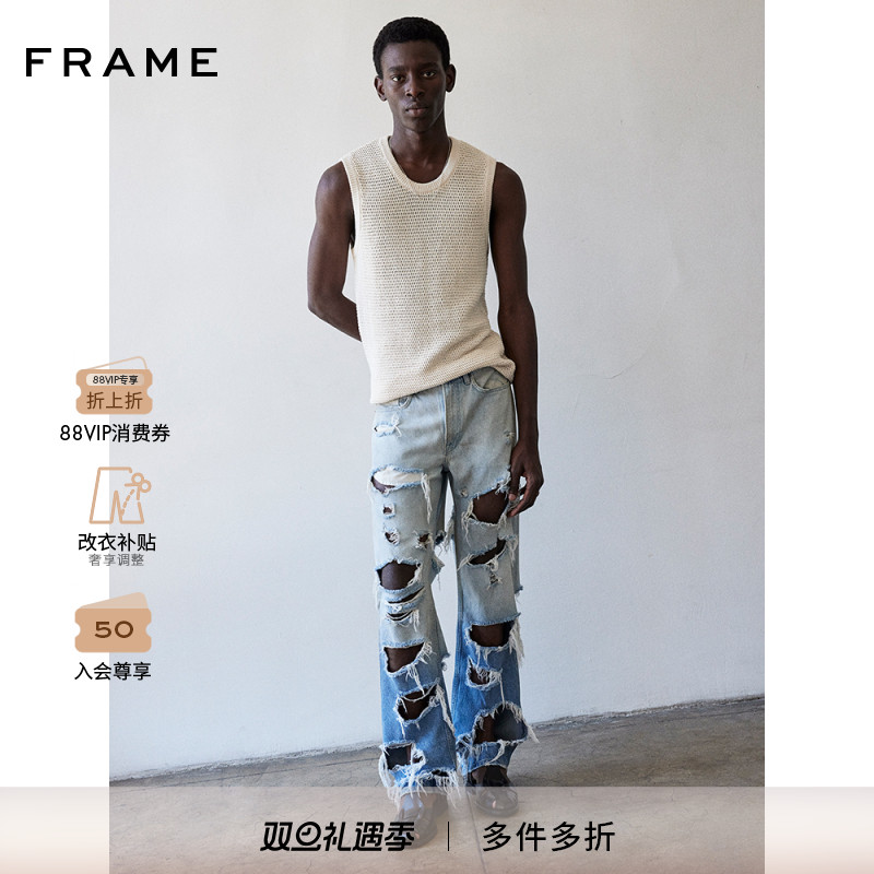 FRAME男士浅蓝色破洞牛仔裤长裤复古街头时尚