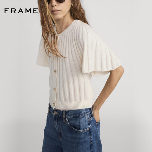 FRAME女士短袖针织开衫短款圆领褶皱设计