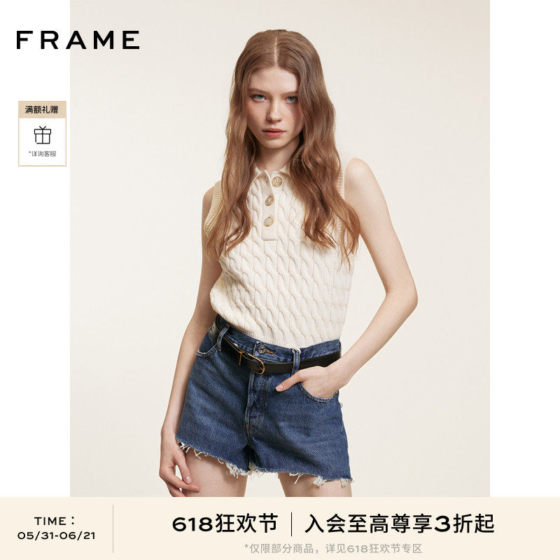 FRAME女士中腰毛边设计破洞牛仔短裤 THE HANG