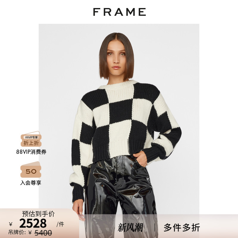 新品圆领宽松格子毛衣圆领