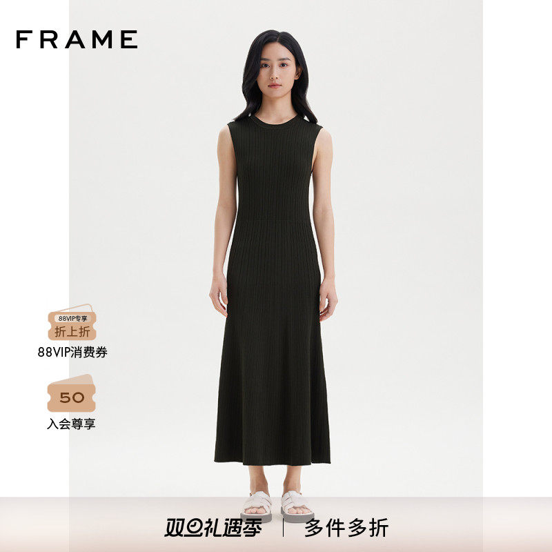FRAME女士黑色无袖针织连衣裙收腰长裙法式