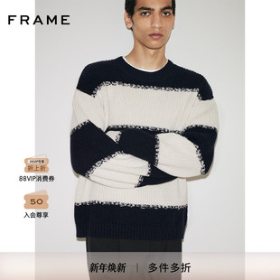 FRAME男女同款 海军蓝条纹拼接圆领套头毛衣 男士