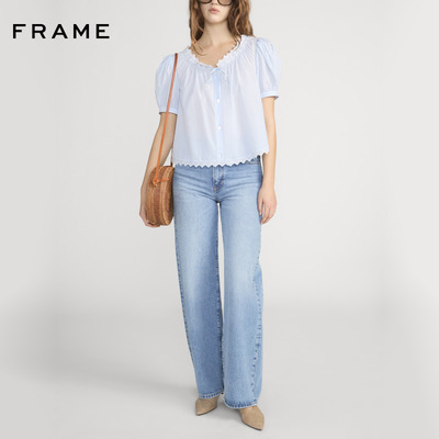 【春夏新品】FRAME女士法式泡泡袖蝴蝶结蕾丝短袖衬衫上衣