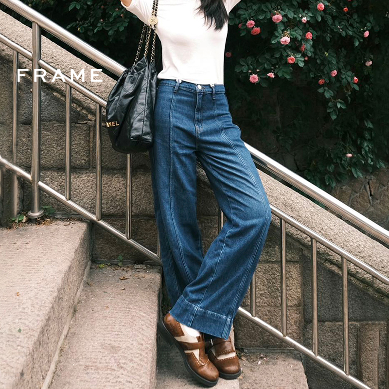 【夏新款】FRAME女士深蓝色高腰阔腿牛仔裤硬挺法式复古