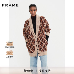 FRAME女士翻领撞色拼色中长款 毛衣复古 开衫