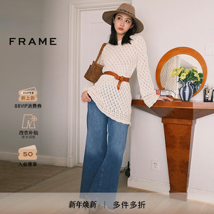 CROP PALAZZO FRAME女士蓝色毛边复古水洗阔腿牛仔裤