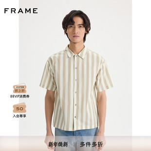 通勤 衬衫 FRAME男士 咖色竖条纹翻领短袖